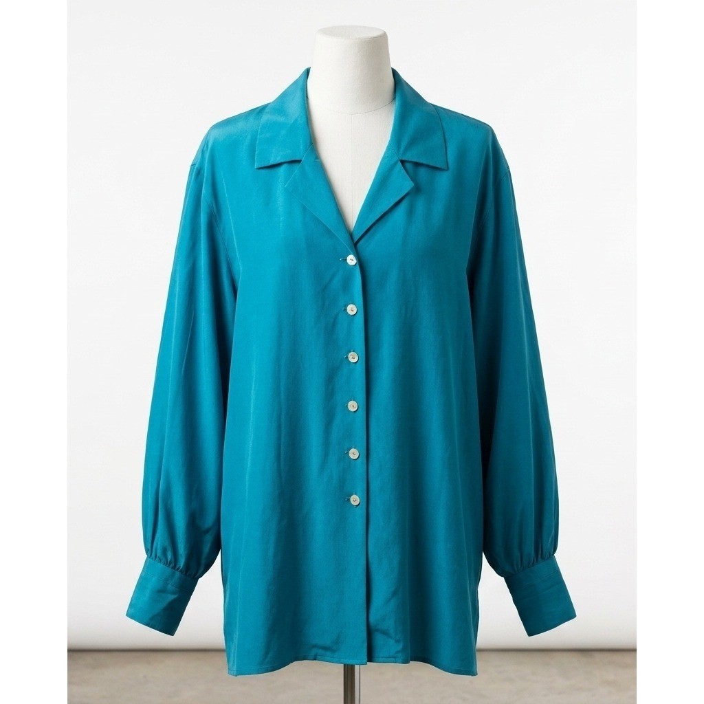 Vintage Teal 100% Silk Button Down Blouse Oversized Coastal Tunic Top