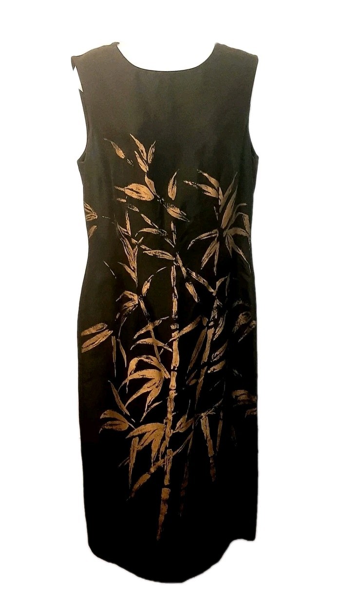 Vtg Retro Betty Barclay Black Silk Sleeveless Midi Sheath Dress Bamboo Sz 40/14