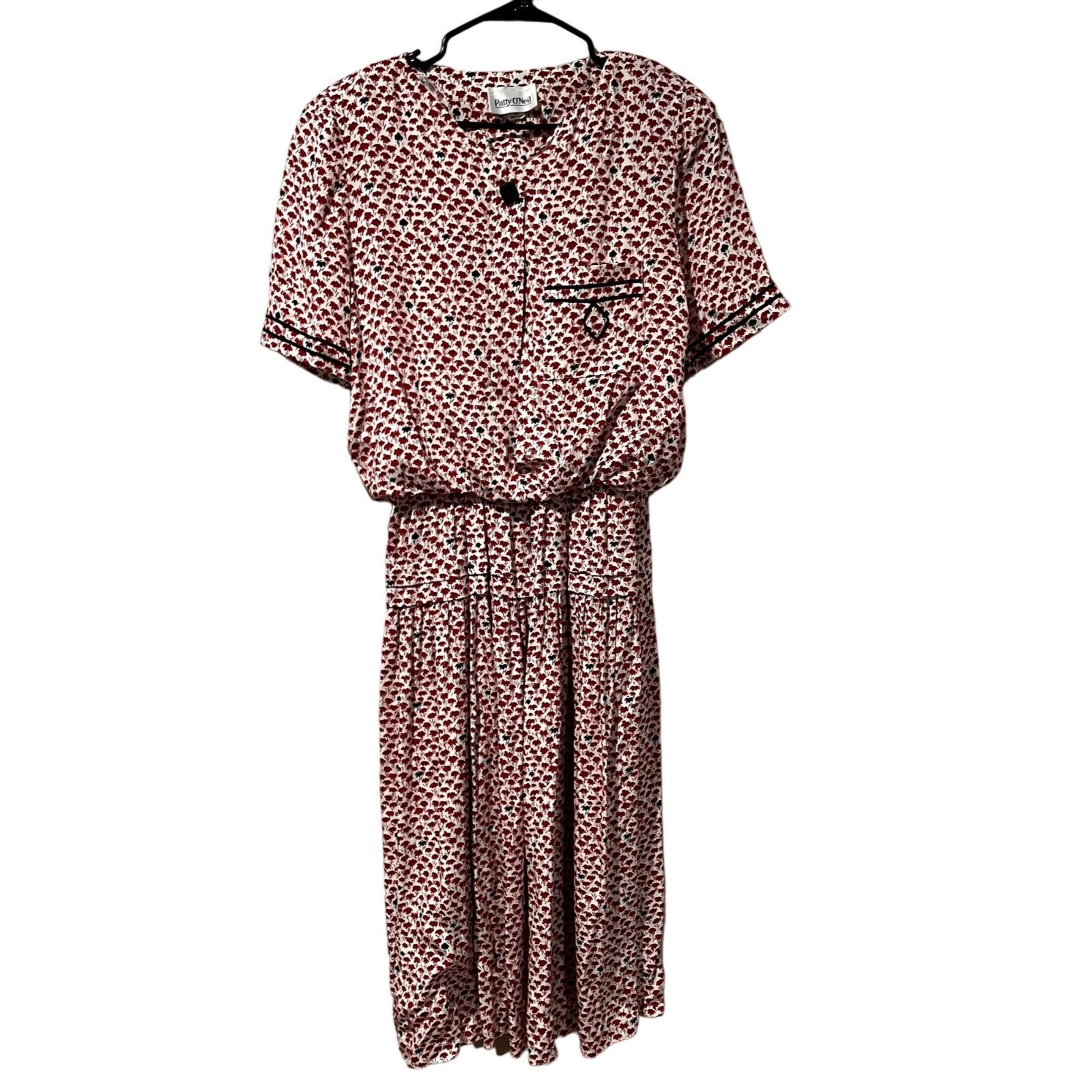 Vintage Patty O’Neil Red Poppy Floral Midi Dress 80s Rayon Cottagecore Sz 12 u1