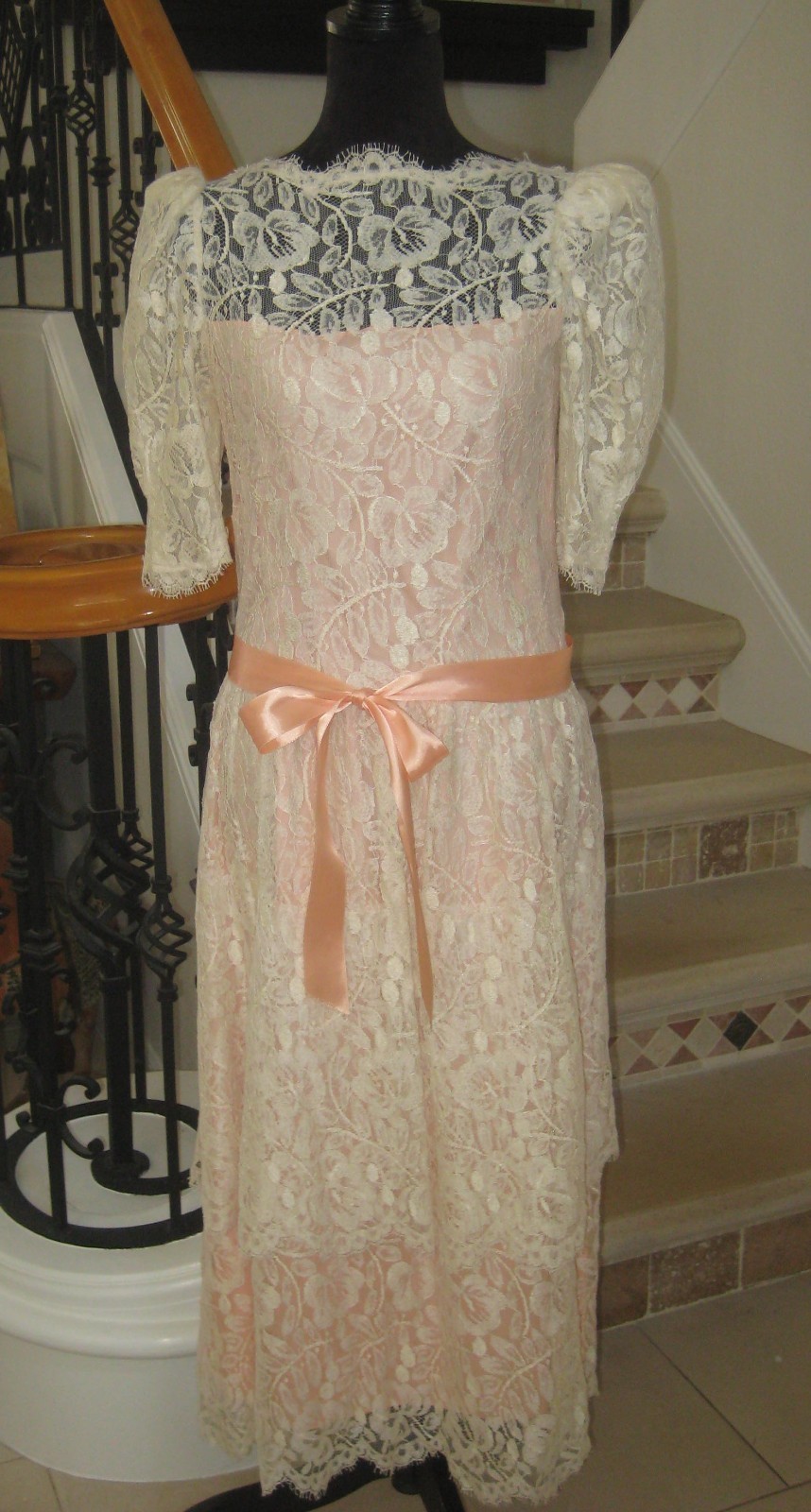 Vtg Dessy Creations overlay ivory lace peach lined puff sleeve dropwaist dress 8