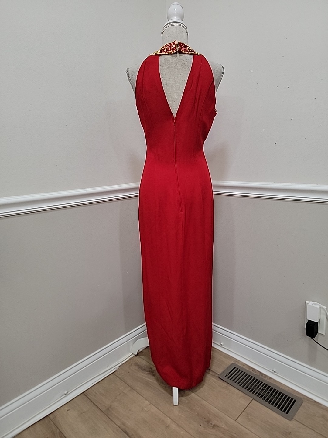 VTG 1980s Red Beaded Halter Evening Gown De Lara by Linda Bernell Maxi Dress