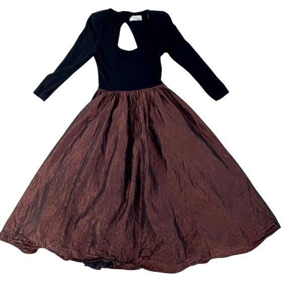 Vintage Ricki Lang for Nuit Dress 12 Black Bronze Open Back Metallic ILGWU 80s