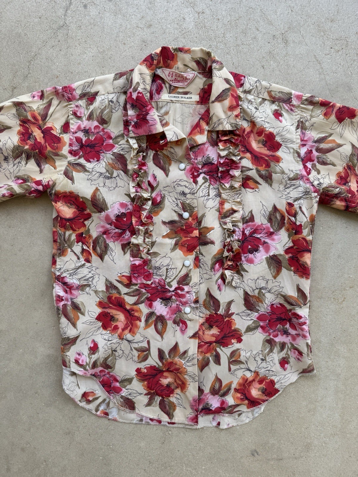H Bar C Western Pearl Snap Ruffle Blouse Floral Rockabilly Shirt USA S Vintage