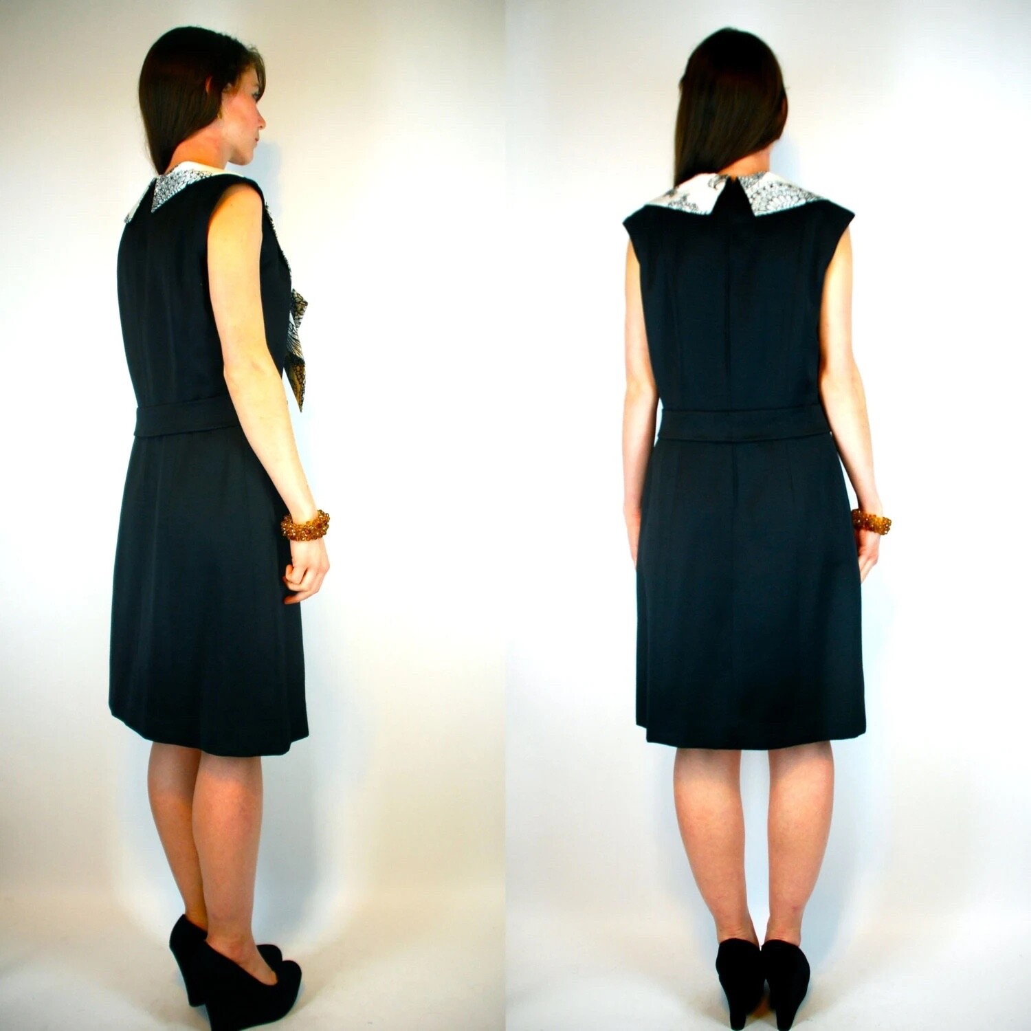 Vintage 60s Mod Black & White Scarf Silk Dupioni Shift Dress Mid Century Office