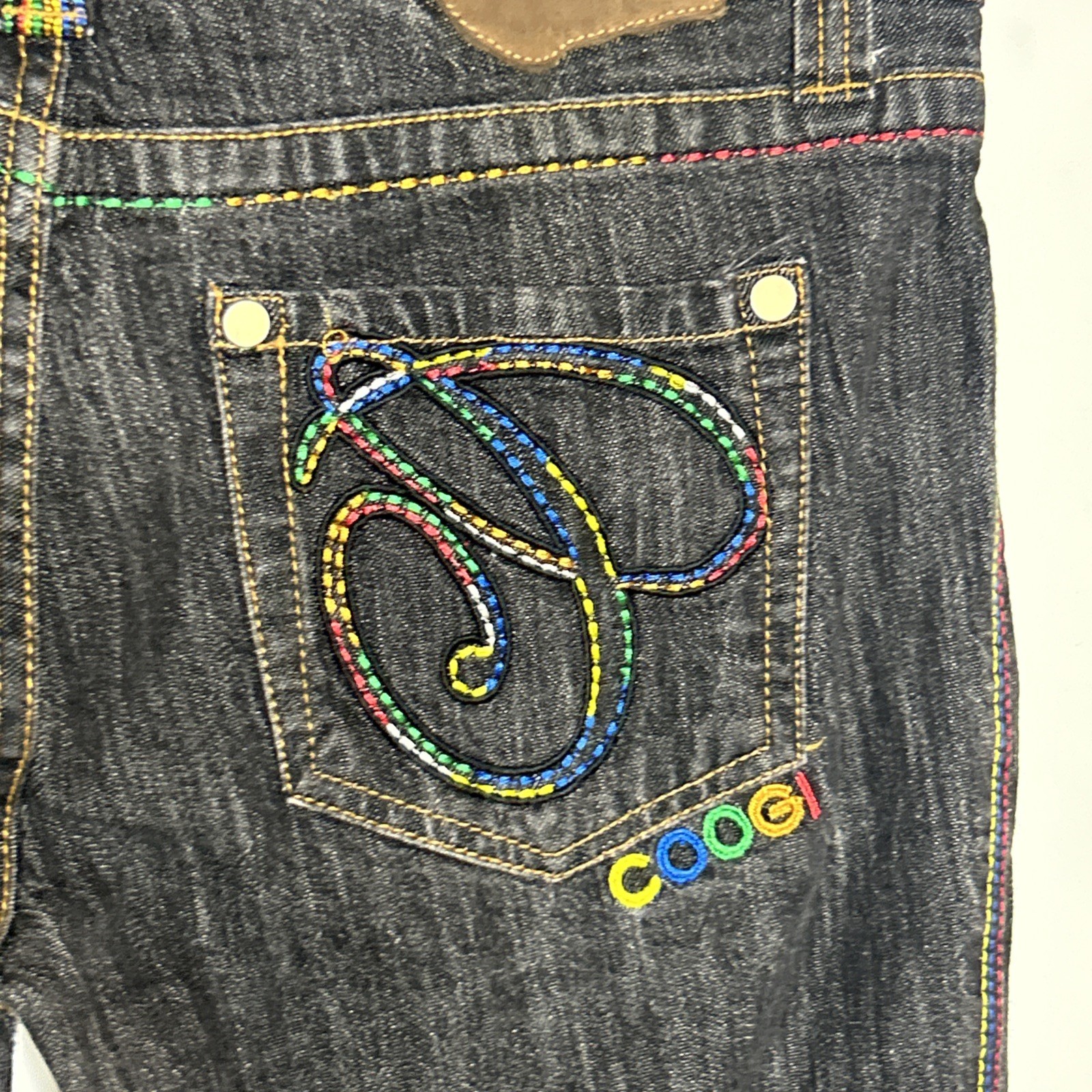VTG Coogi Australia Dark Wash Jeans Sz 13/14 Straight Leg Rainbow Y2K Embroidery