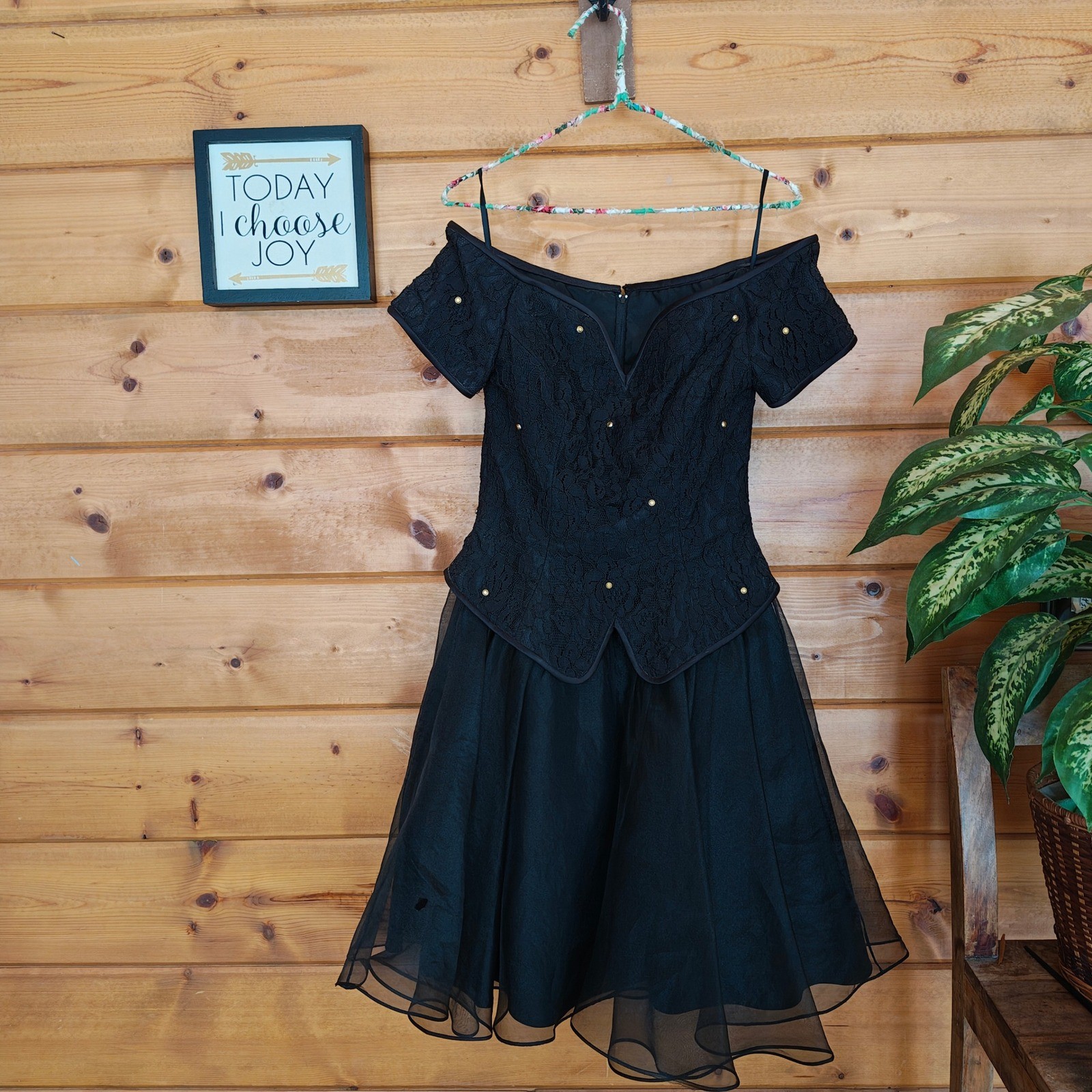 Tadashi Vintage Black Lace Chiffon Dress Embellish Goth Designer 6 *read flaws!*