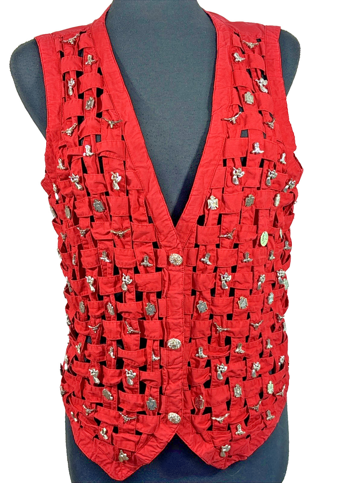 VTG Rodeo Southwest Charm Vest Women M Western Angel Boots Trinket Lattice Red