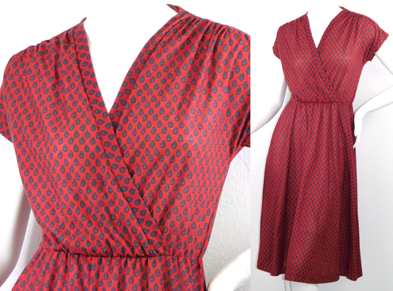 70s 80s Burgundy Paisley Deep-V Neck Blouson Jersey Dress Indie Boho Secretary S