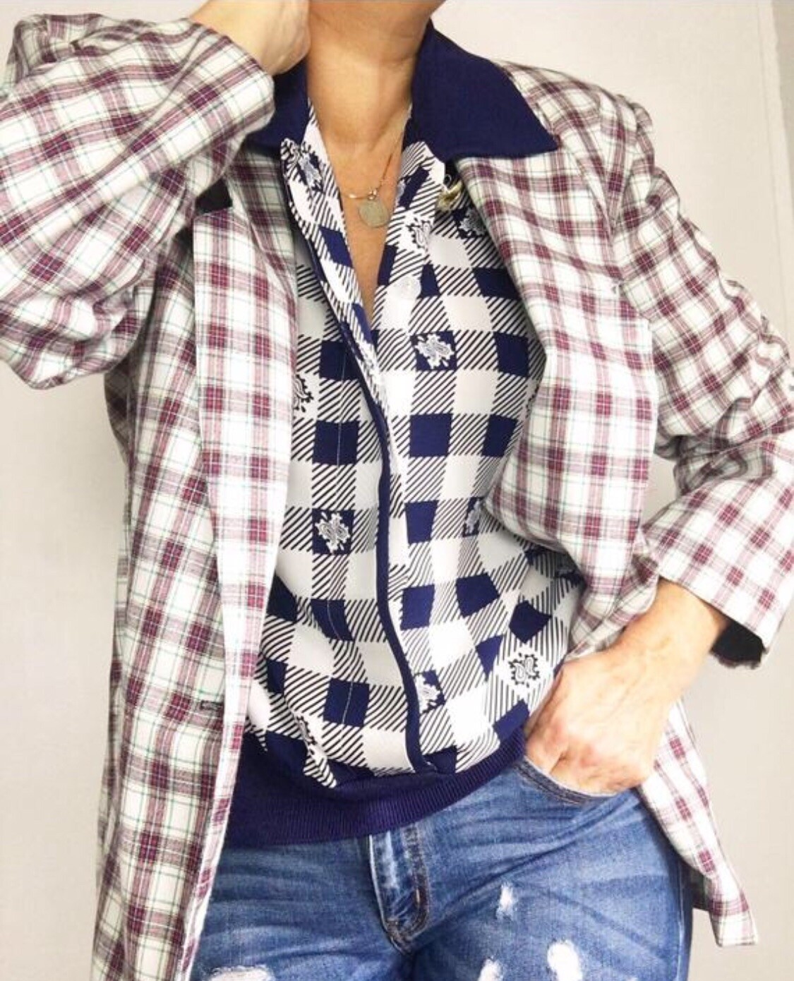 Vintage Blue White Checked Plaid Blouson Blouse Tartan Casual Or Business