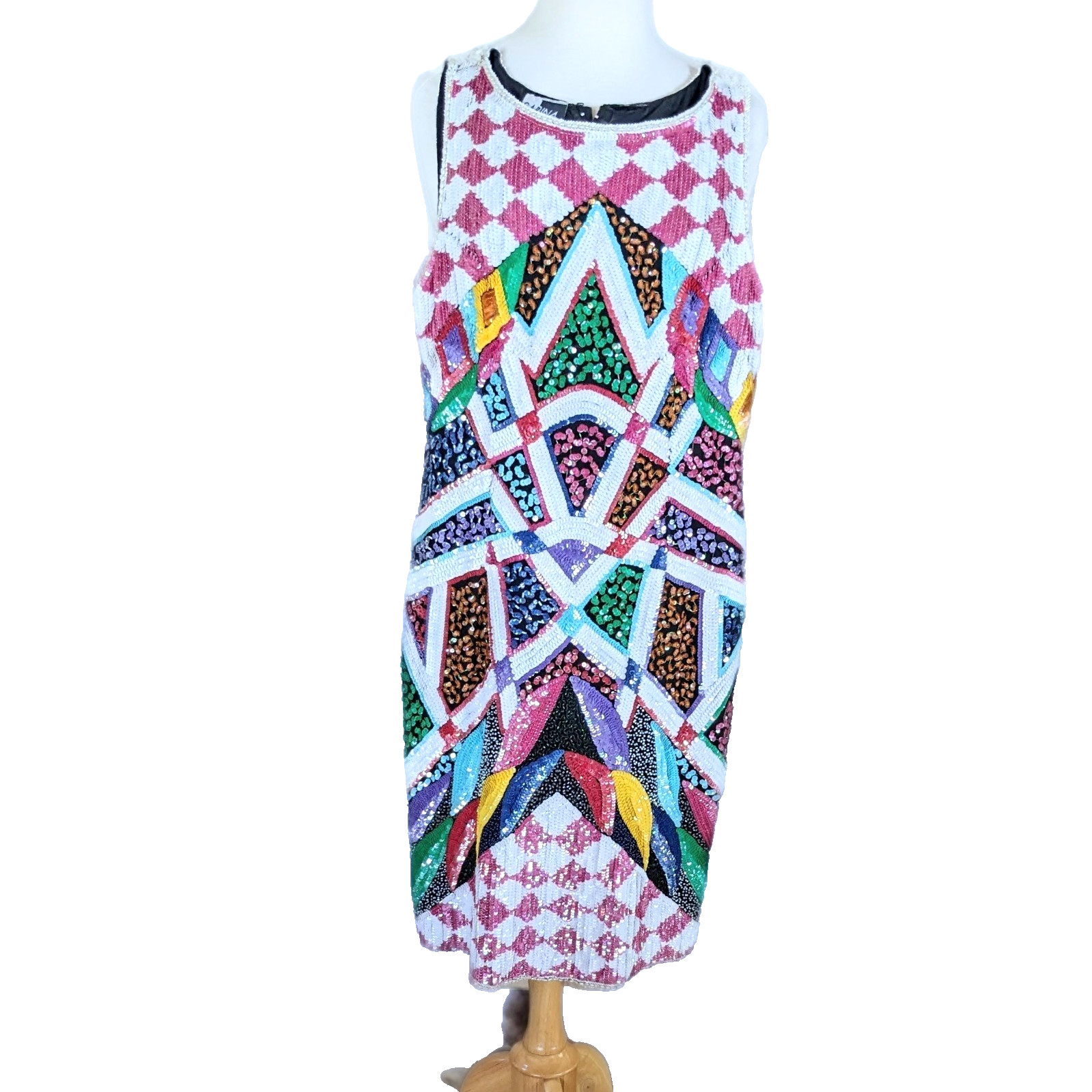 Vintage 1980s Carina Hand Beaded Pure Silk Sequin Trophy Dress, Pop Art