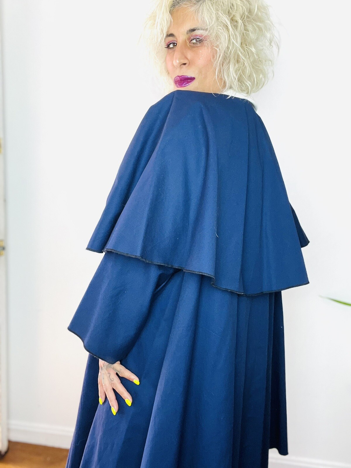 1980’s 80s Cotton Faille Oversized CAPE Peter Pan Collar Vintage Swing Coat L XL