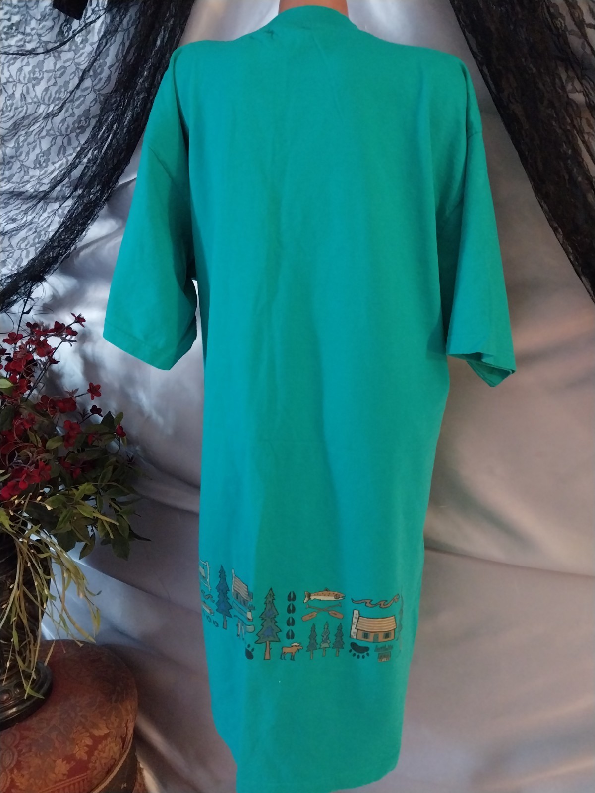 VTG NORTHWEST TREK SLEEP SHIRT COTTON BABYDOLL CABIN BEAR FISHING CAMPING 52 OS