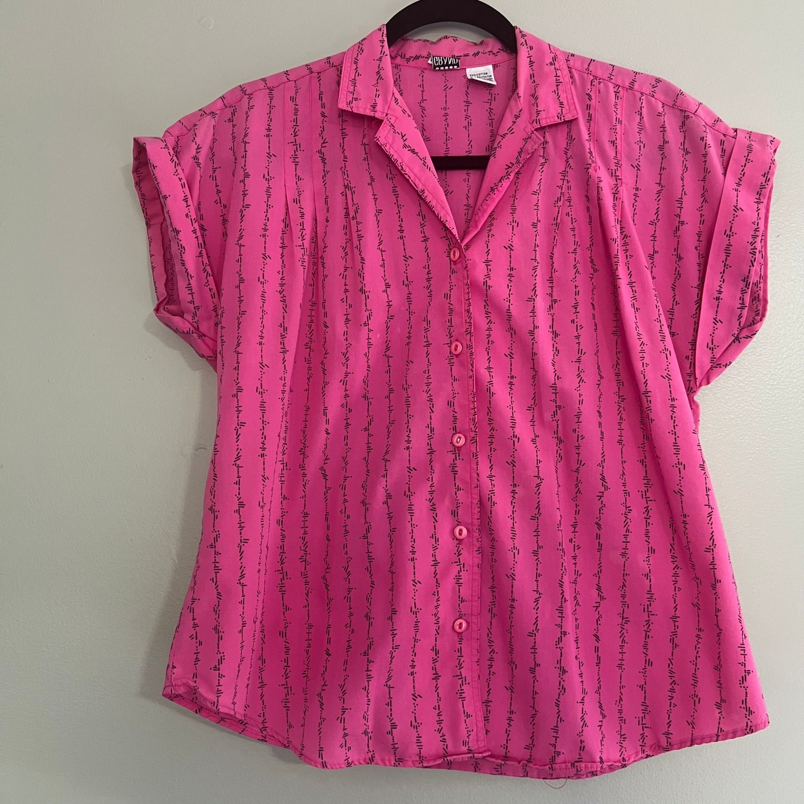 Vintage Grand Design Pink Geometric Stripe Button Up Blouse Short Sleeve Size 10