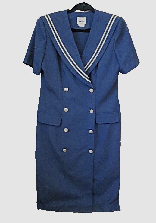 Vtg Leslie Fay sailor dress 14 blue gold trim double breasted short sleeves USA