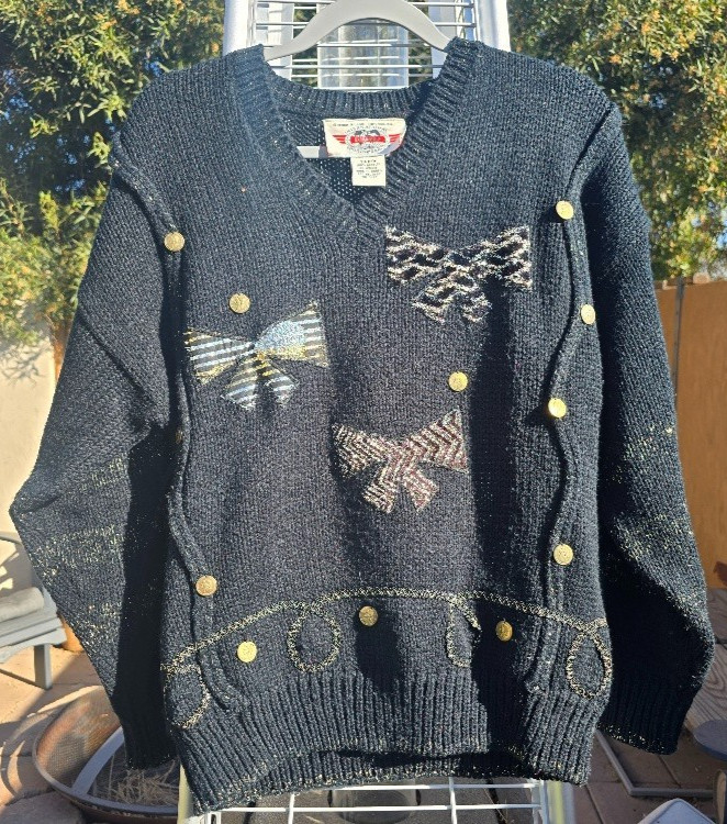 VTG 80s 90s Black Embellished Knit Sweater V-Neck Gold Silver Bows Womans 18W