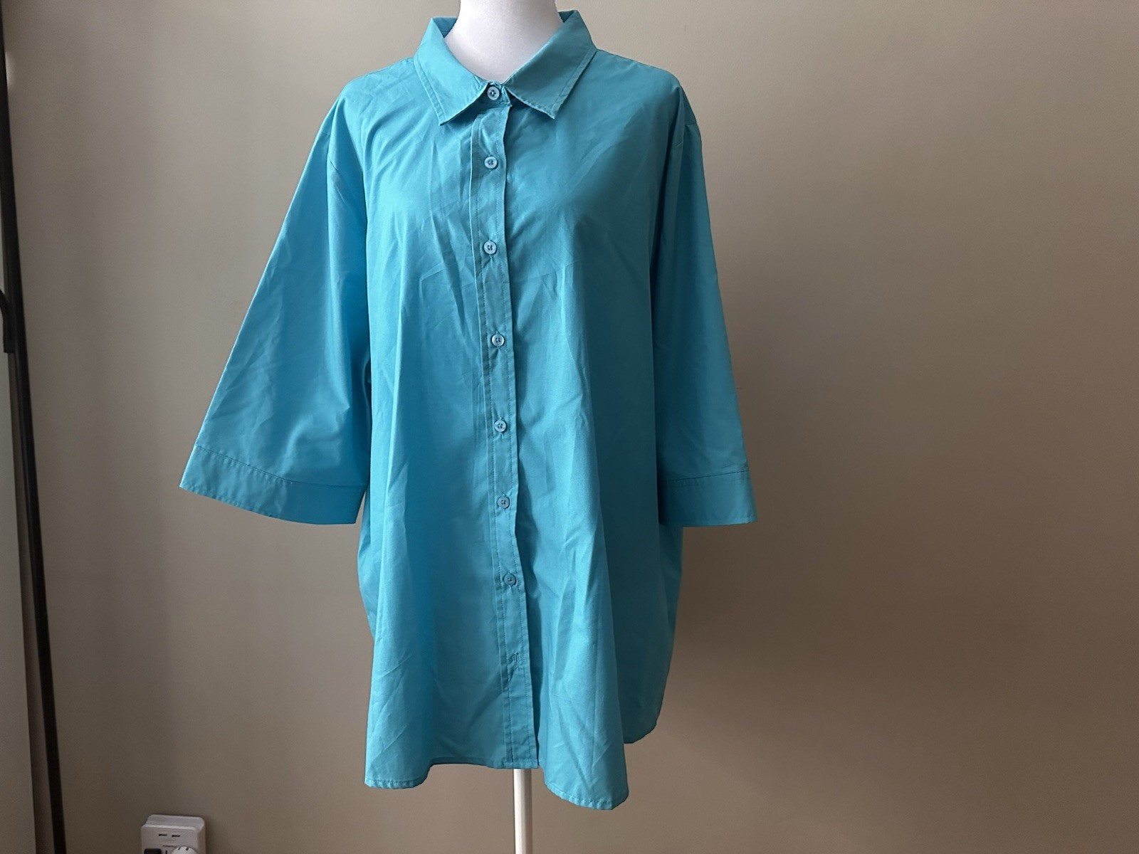 90s Vintage Plus Size Teal Blue Button Up Collar Shirt Cotton