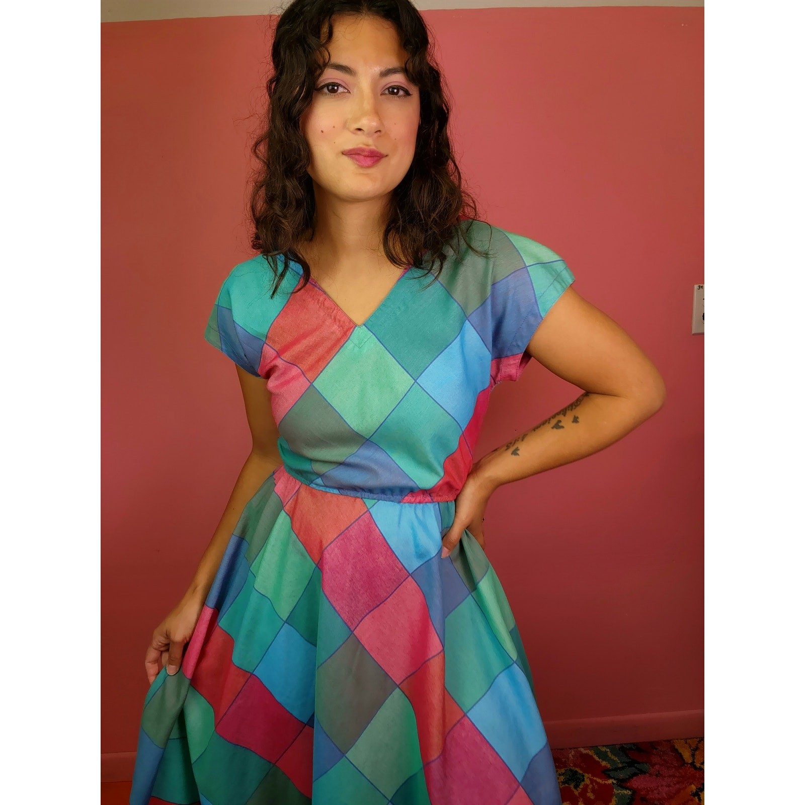 Vintage 1970’s Madras Harlequin Diamond Check Plaid Magenta Blue Shirt Dress