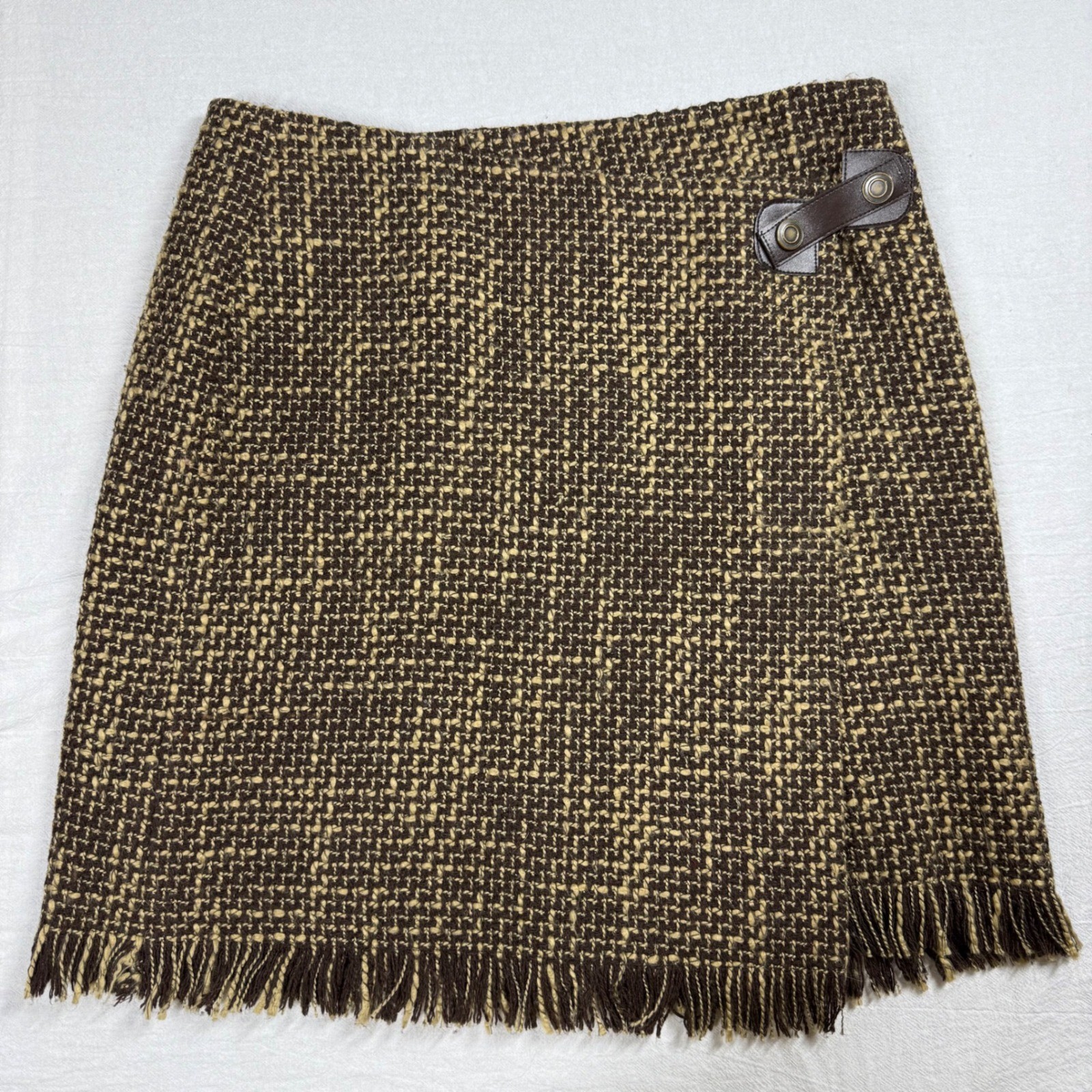 British Khaki Wool Blend Fringe Wrap Skirt Size 4 Brown Tweed Vintage Heritage