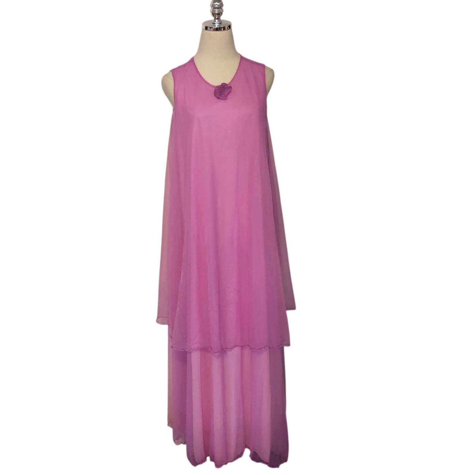 Vtg 60s Jenelle of California Double Nylon Layered Tiered Gown Orchid Pink ￼Med.