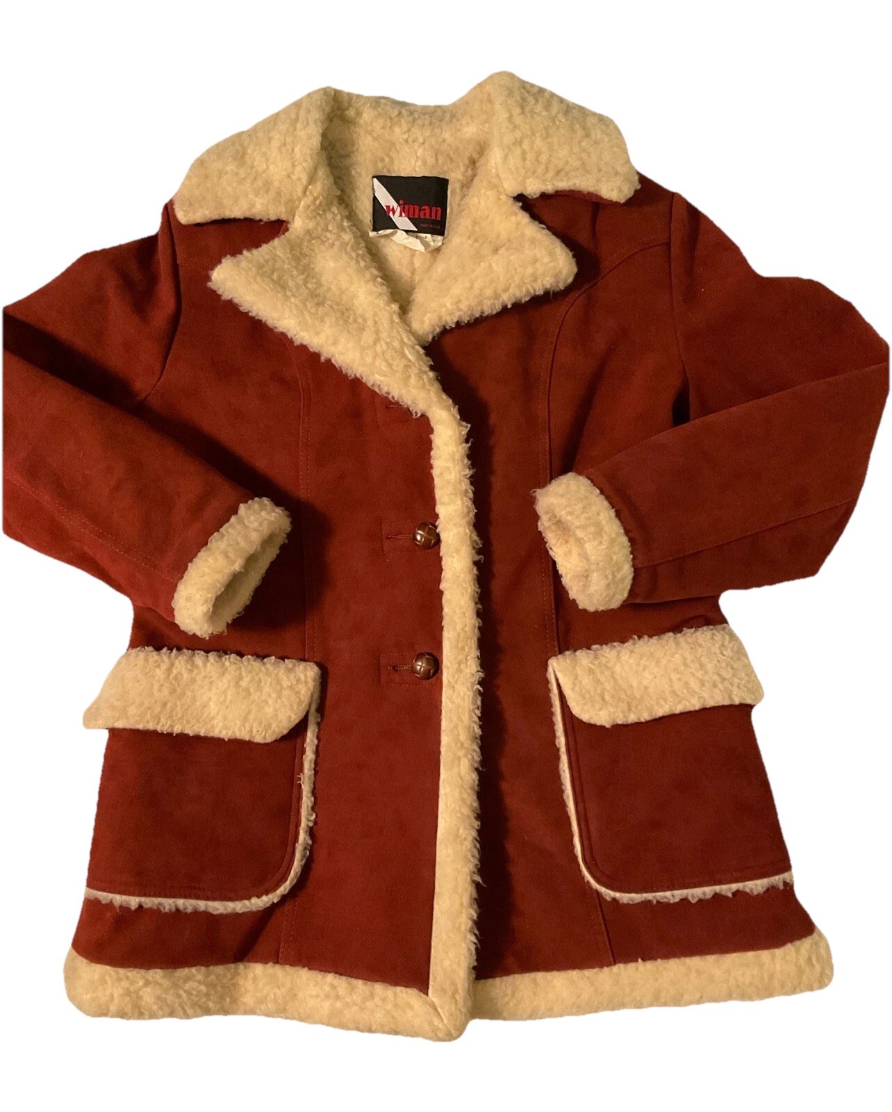 Vintage 70s 80s Wiman Sherpa Vegan Faux Suede Coat Union Made USA Womens Size L
