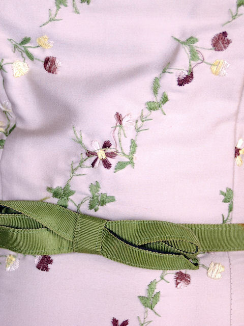 VTG 60s Floral Sheath Dress S Tan Polished Cotton Embroidered Belted XS