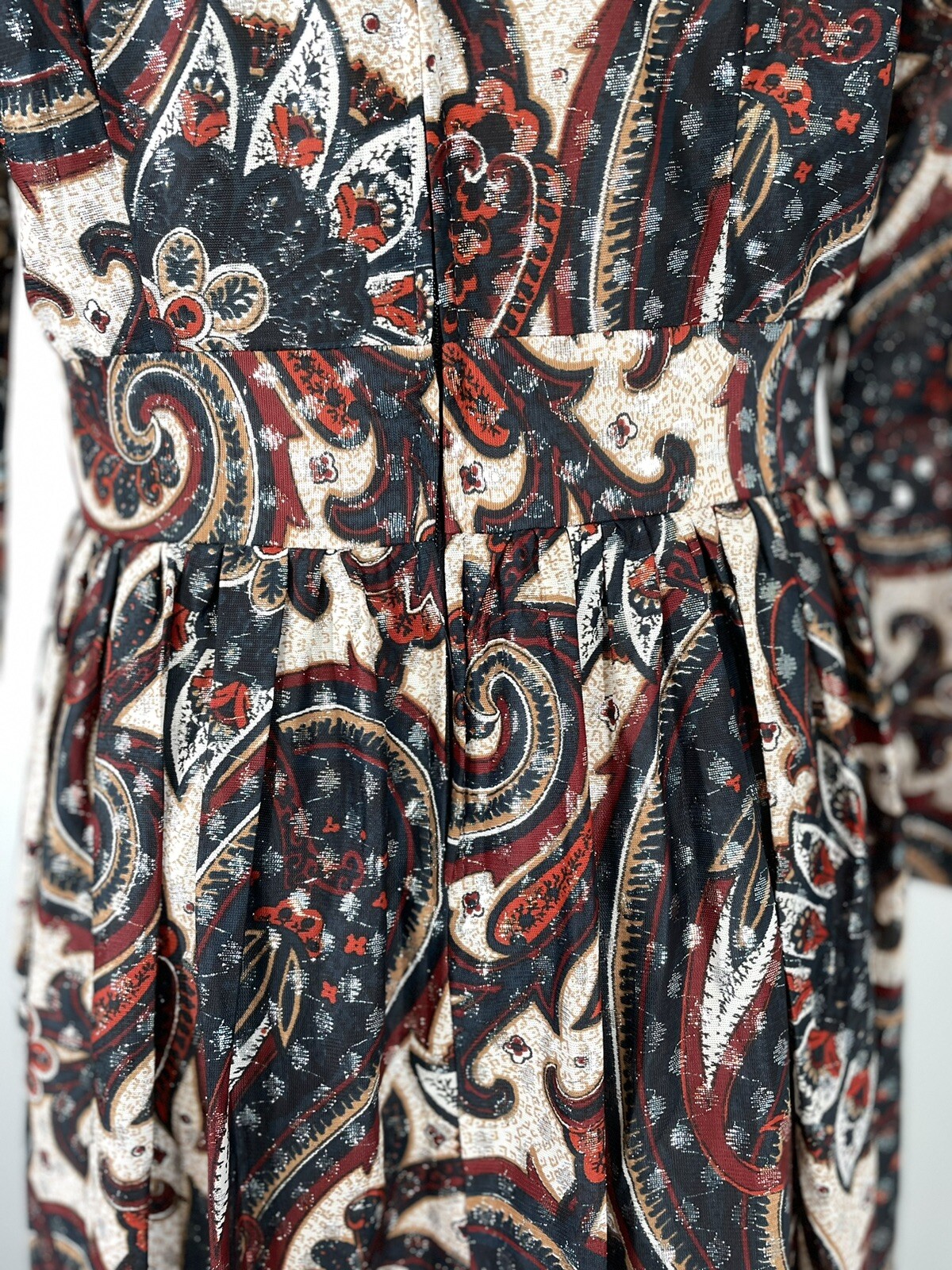 Vintage 1970s Hostess Dress Paisley Metallic Long Maxi 100 Parkhouse SZ M