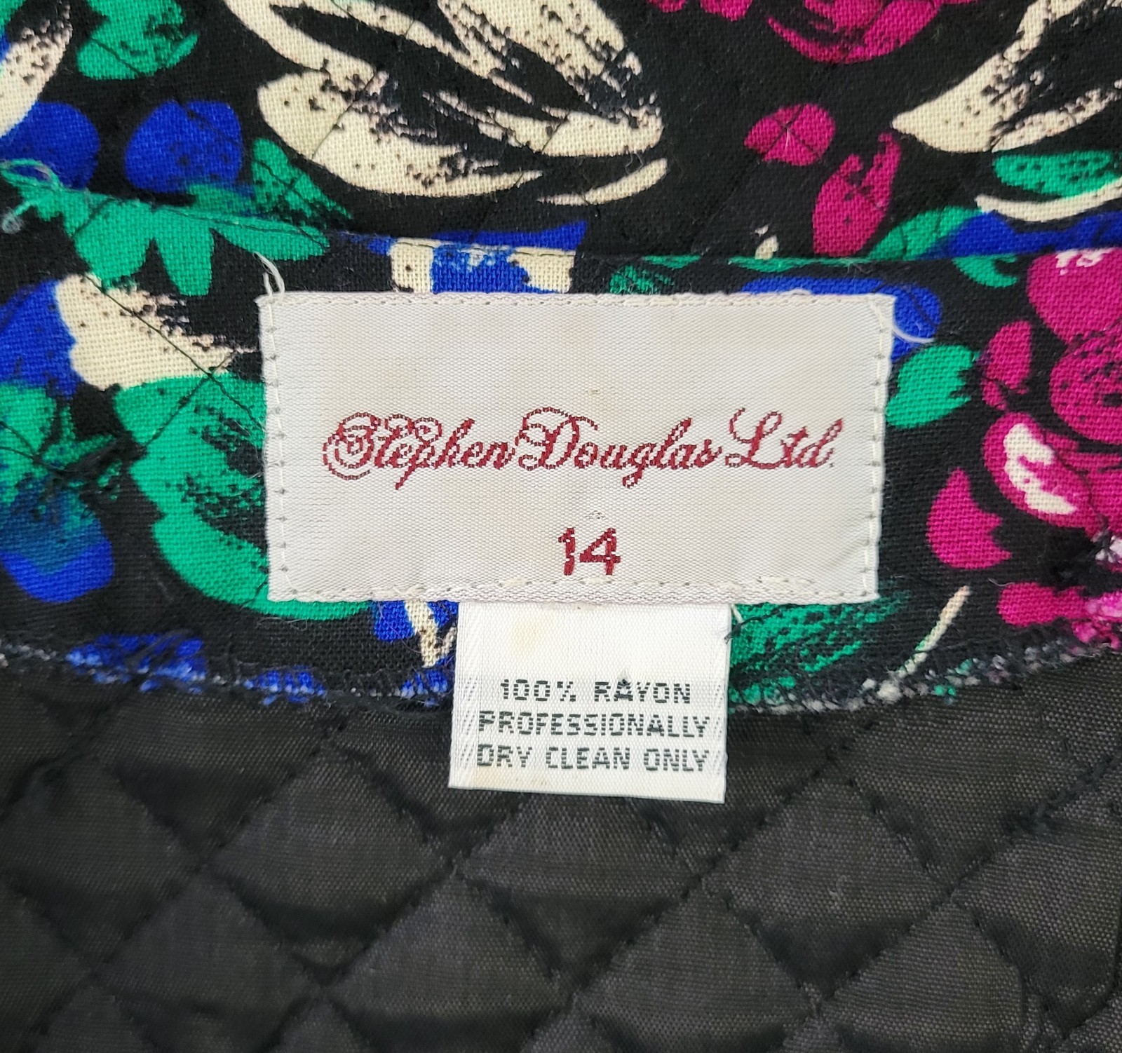 Vtg Stephen Douglas Ltd Blue & Green w Purple Flowers Quilted Jacket Size 14