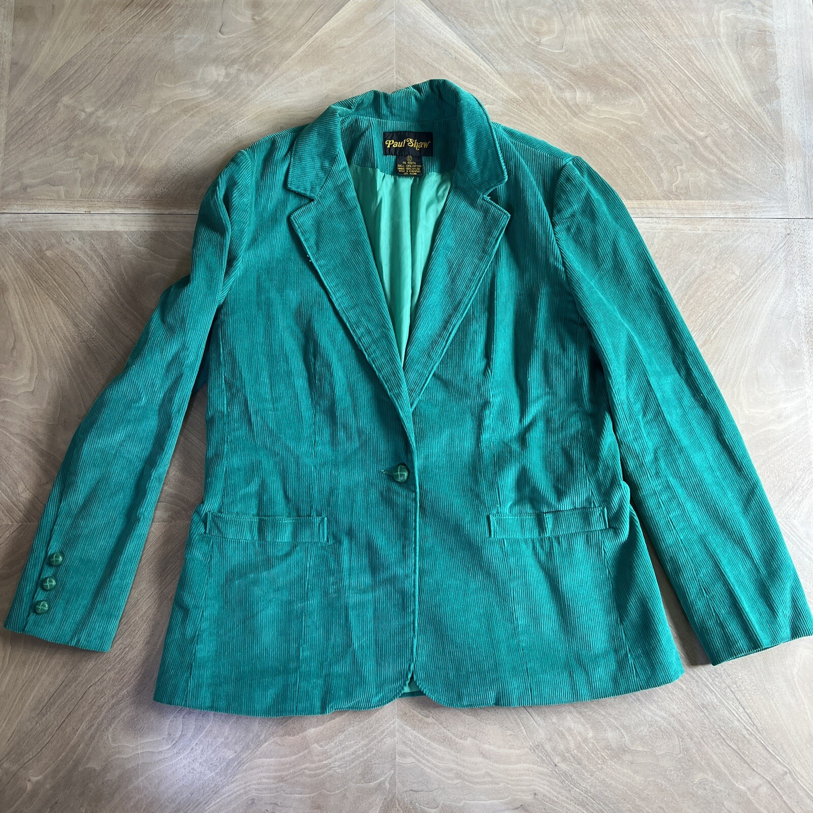 Corduroy Green Sport Coat Blazer Vtg 70s Paul Shaw 1 Button Cotton Sz 12 Lined