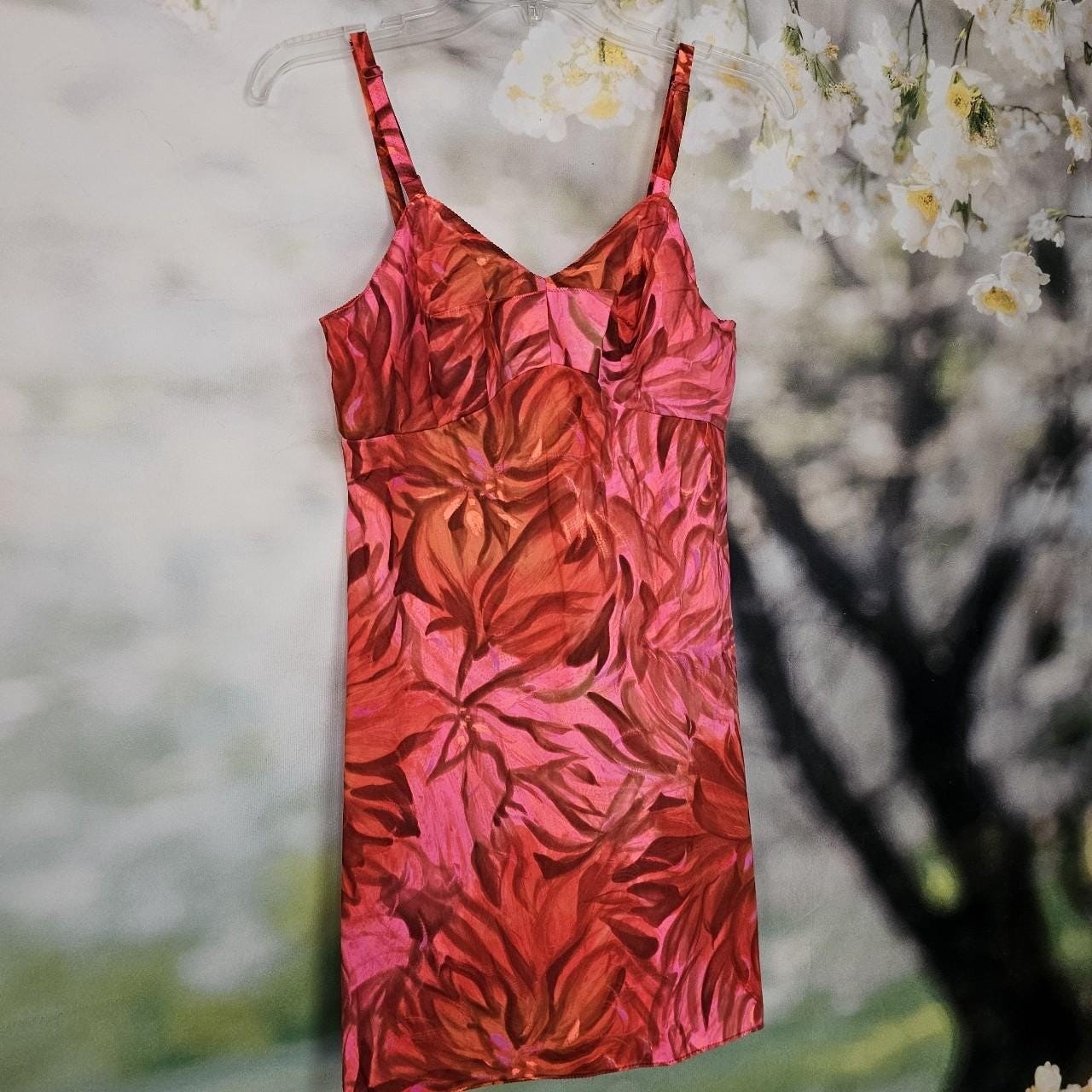 Vintage Rare 1970s Mini Slip Dress Bright Pink Floral Print Gaymode Party Dress