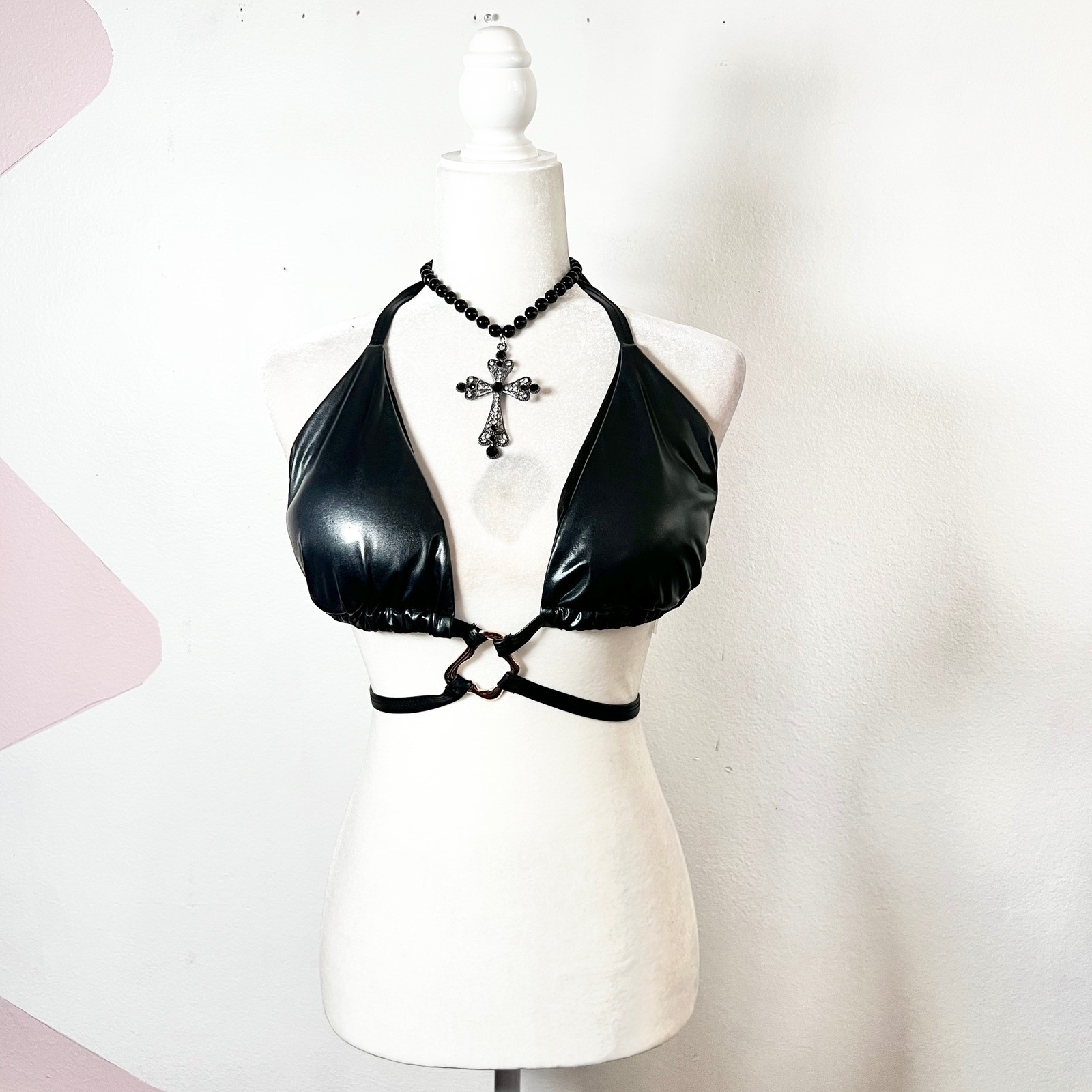 Black Faux Leather Swim Top Sz XL Rave Bikini Top Emo Grunge Punk