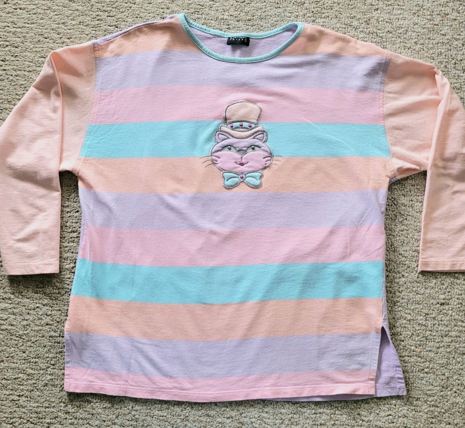 Vintage Striped Cat Top Graphic Shirt Size Large Pastel Botique Europa Kawaii