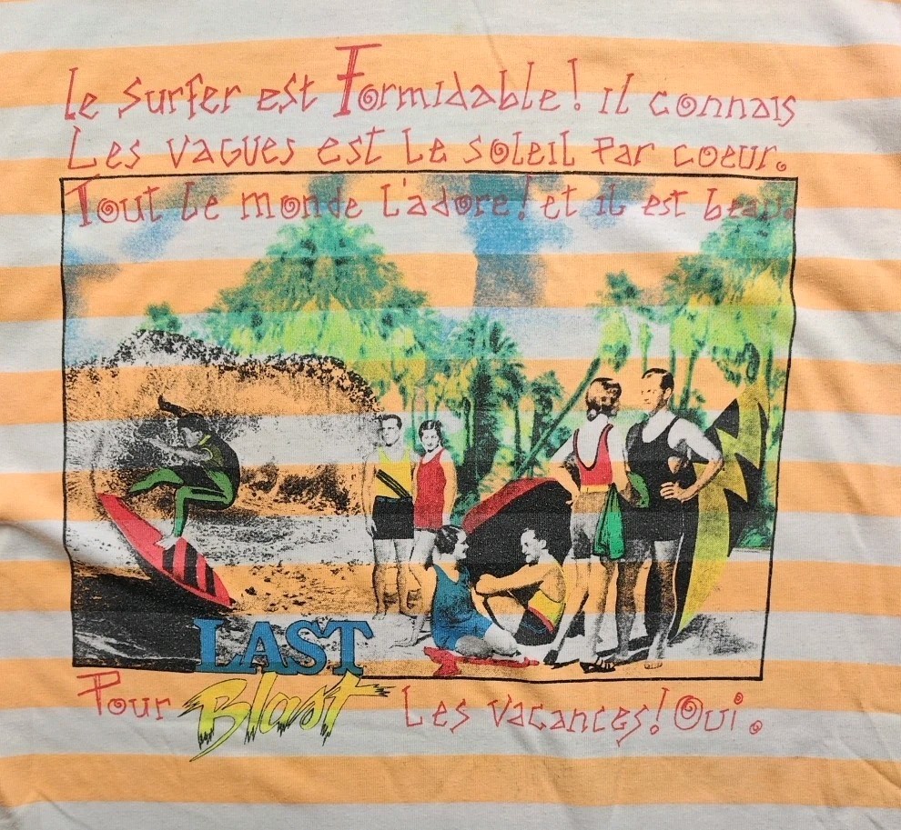 One Step Up Vintage 1980s French Multi-Color Striped Tee Couples Beach/Surfers