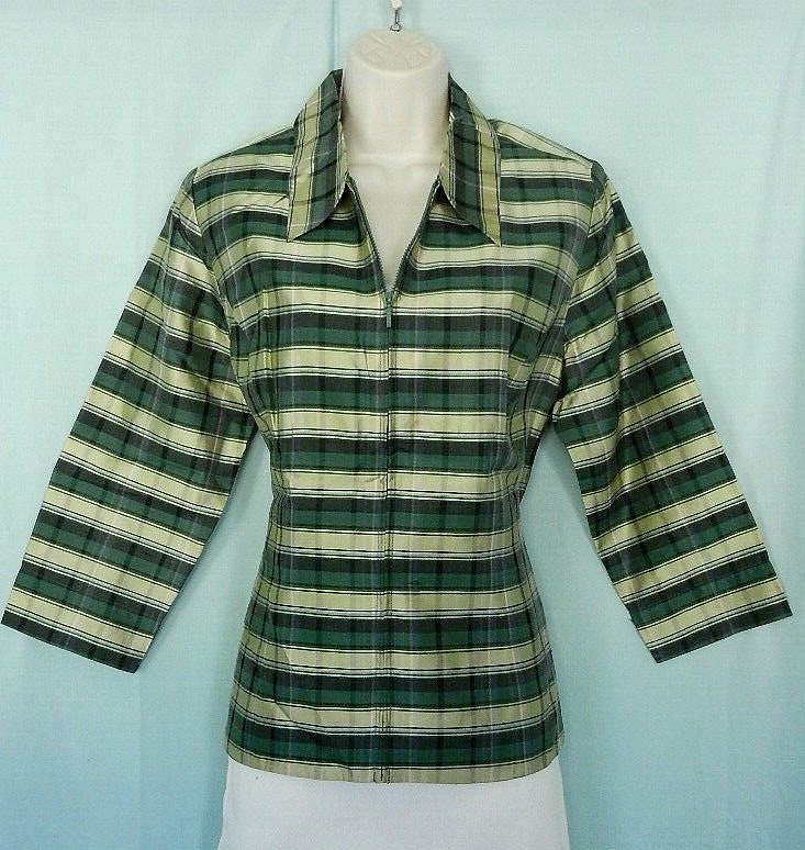 VTG. 2000s SILKLAND Raw Silk Green Plaid Lined 3/4 Sleeve Lightweight Jacket M