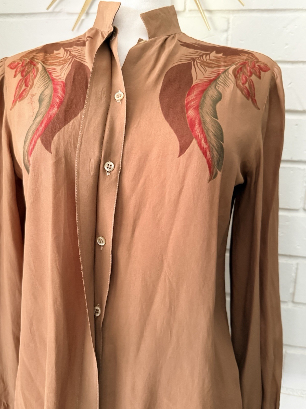 Vtg Mario Pucci Cecconi Italy Blouse Feathers Long Sleeve Brown Button Top Shirt