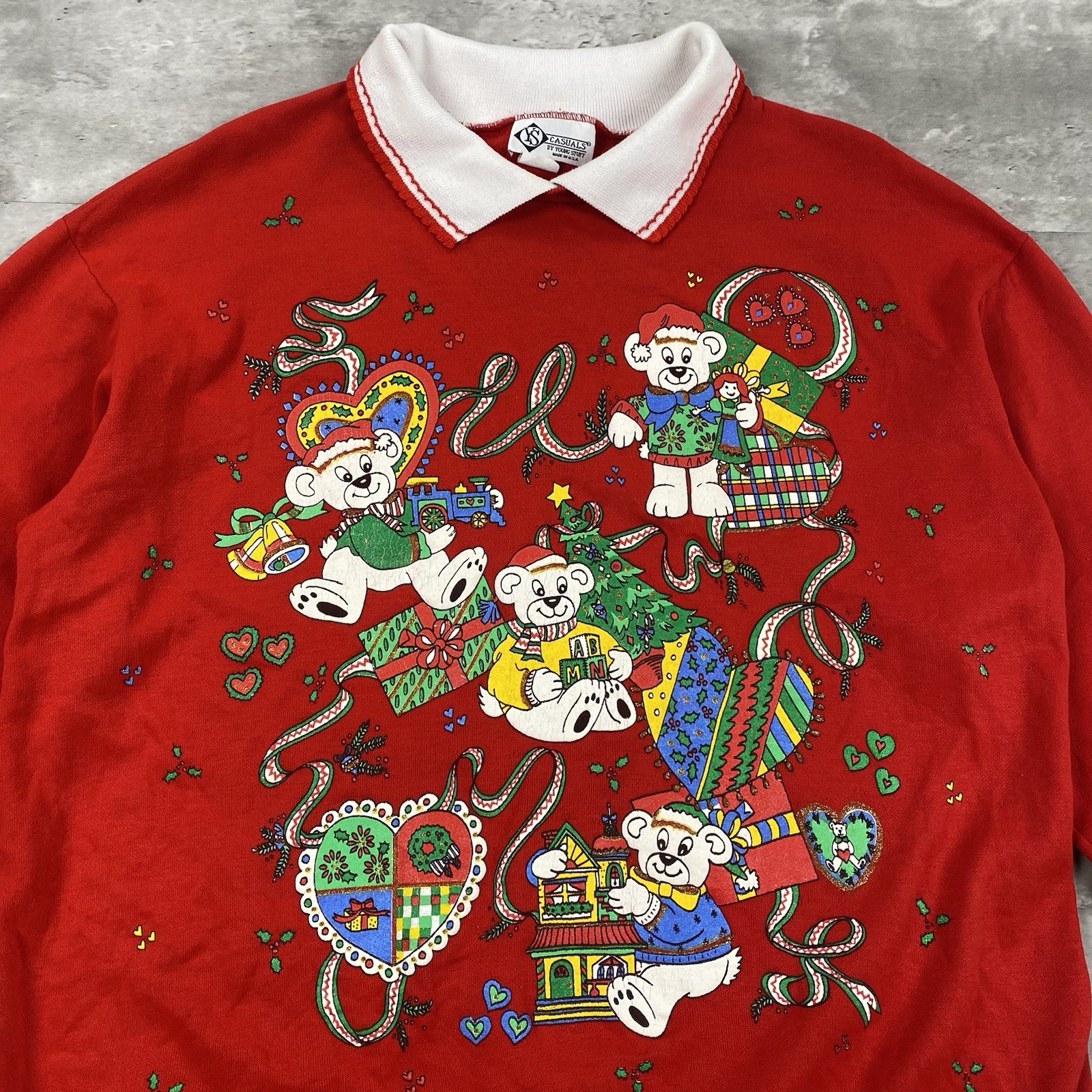 vintage 80s 90s CASUALS YOUNG STUFF CHRISTMAS sweatshirt collard 1X bear heart