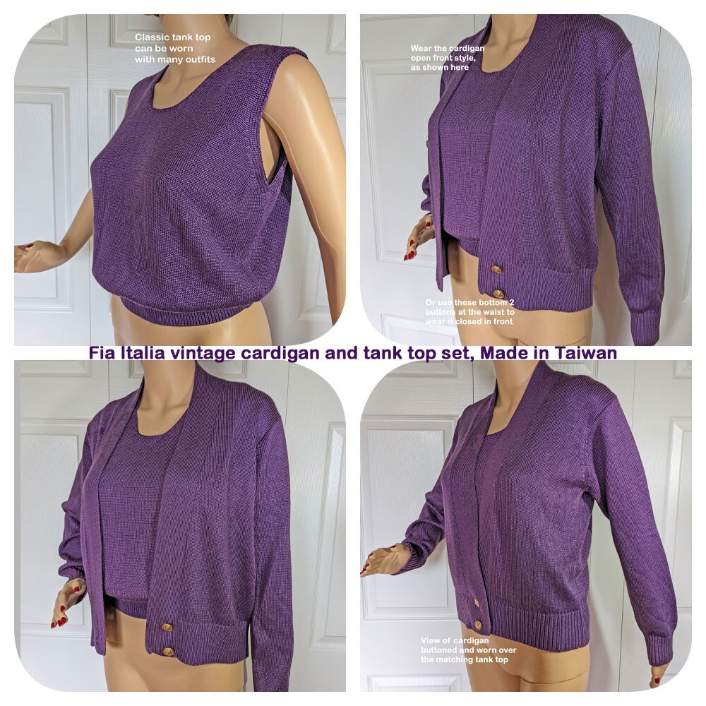 Fia Italia Handloomed Tank Top & Cardigan 34″ bust set, Purple pullover tank SM