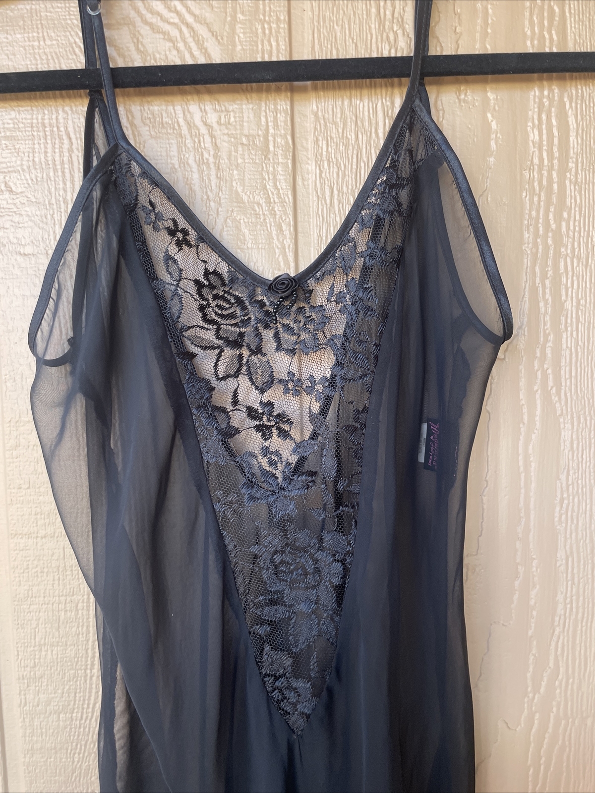 VINTAGE by FREDERICK’S of HOLLYWOOD BLACK Chiffon LACE Négligée NIGHTGOWN M sexy