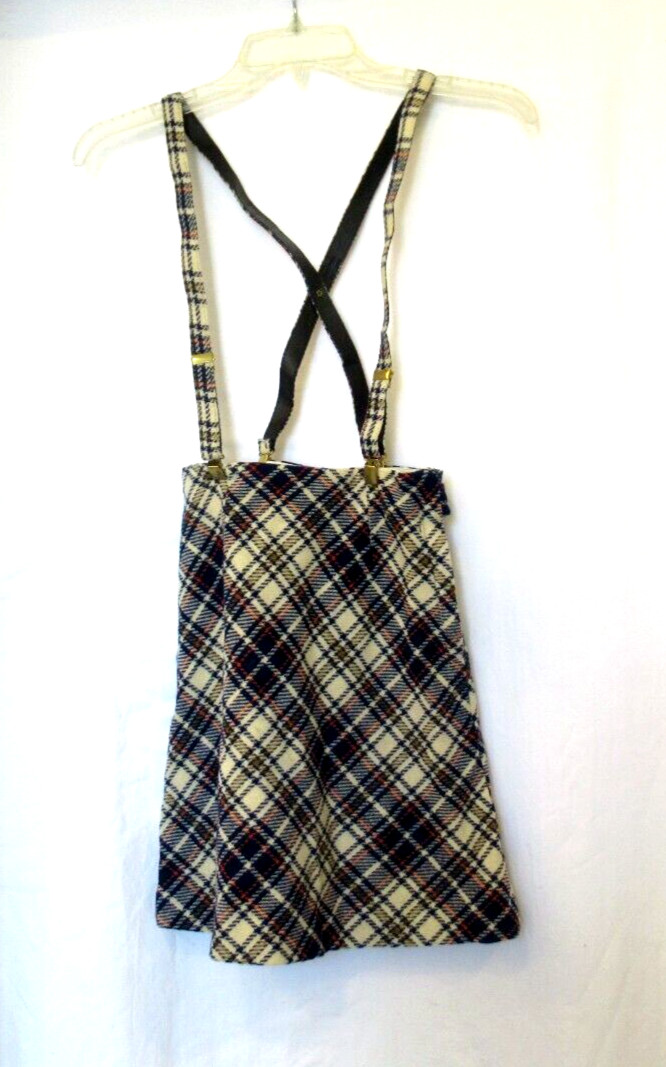 Blue and white plaid skirt / jumper with suspenders, vintage, 19″ waist