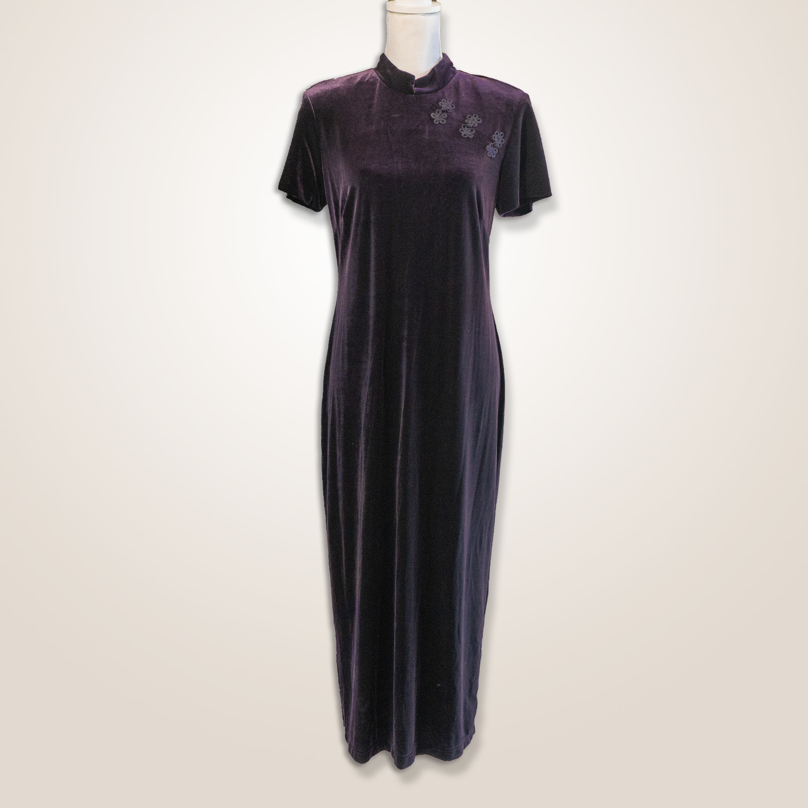 Vintage NWT Purple Velvet Maxi Dress 12 Petite Cheongsam Glitter Whimsy Witchy