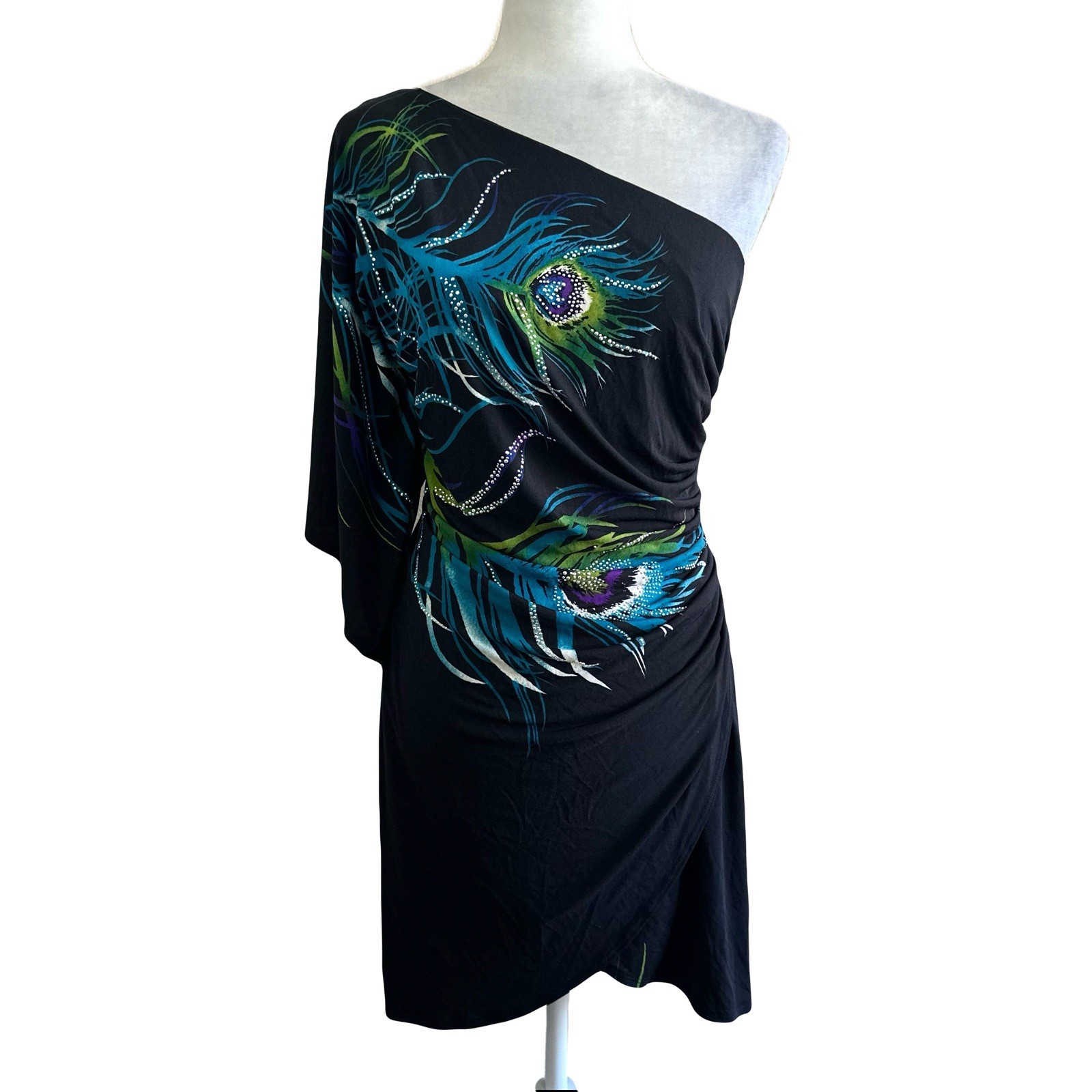 Bisou Bisou Vtg Y2K 2000s Black Peacock Feather One-shoulder Dress Womens 12