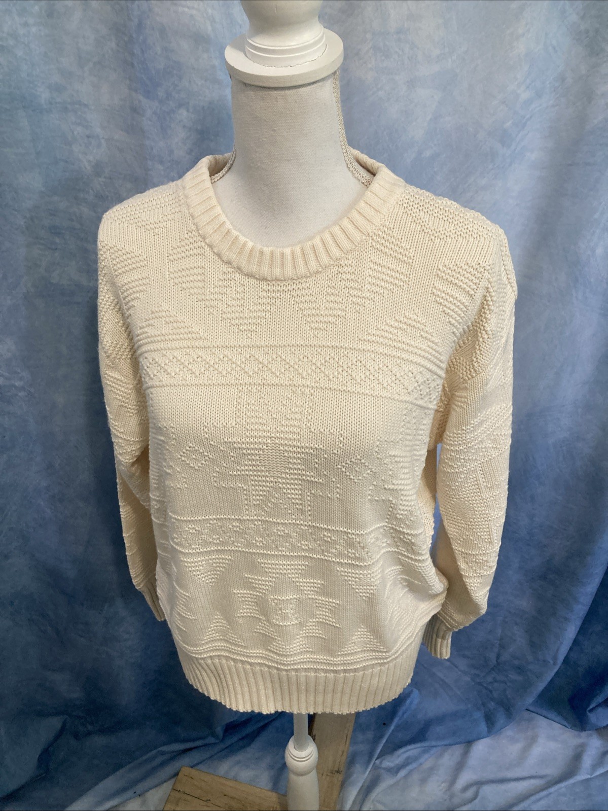 Vtg 80s 90s JH Collectibles Cream Textured Knit Crewneck Sweater Fisherman M