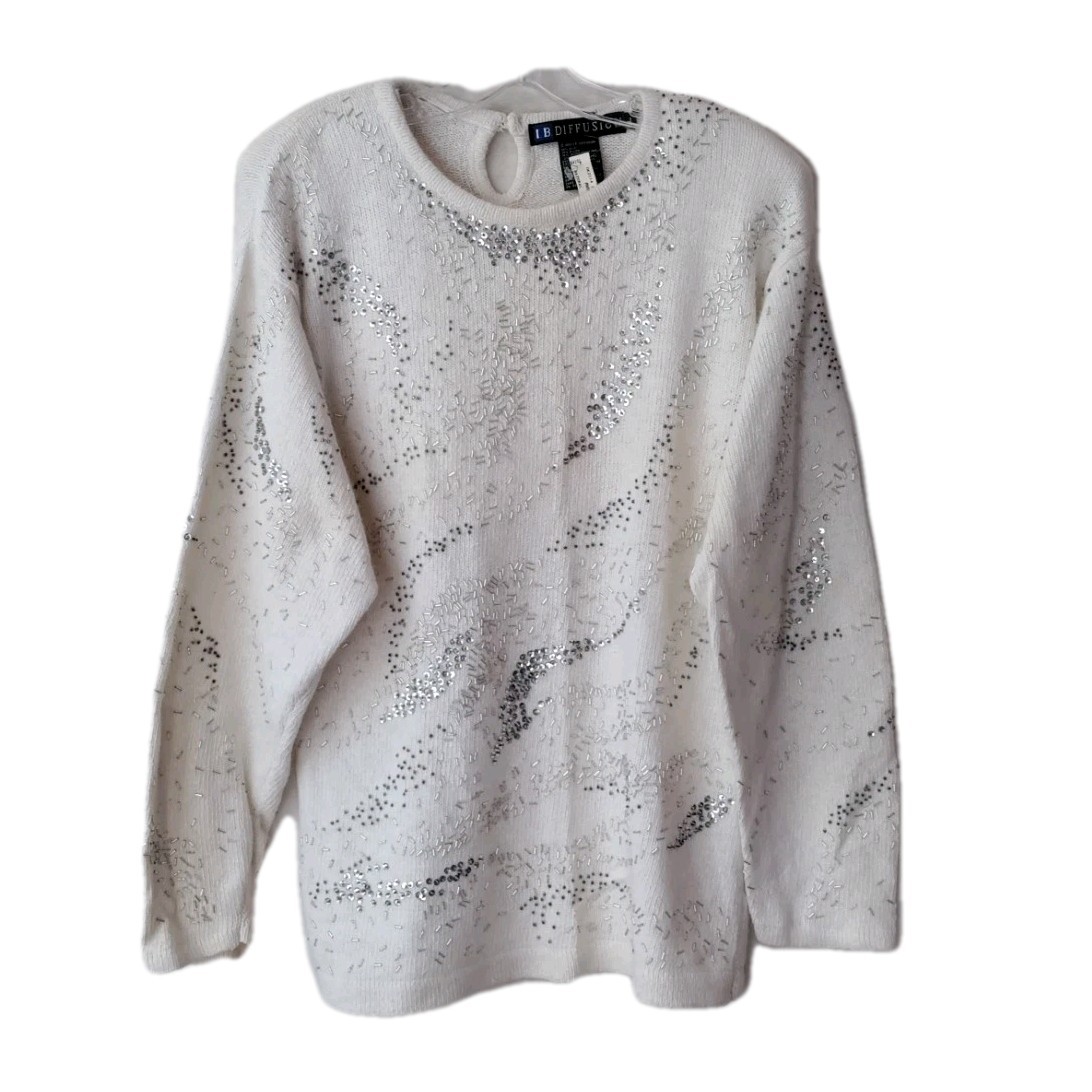 Vintage 90’s I.B. Diffusion Embellished Sweater Silk Blend Ivory Women’s Sz L