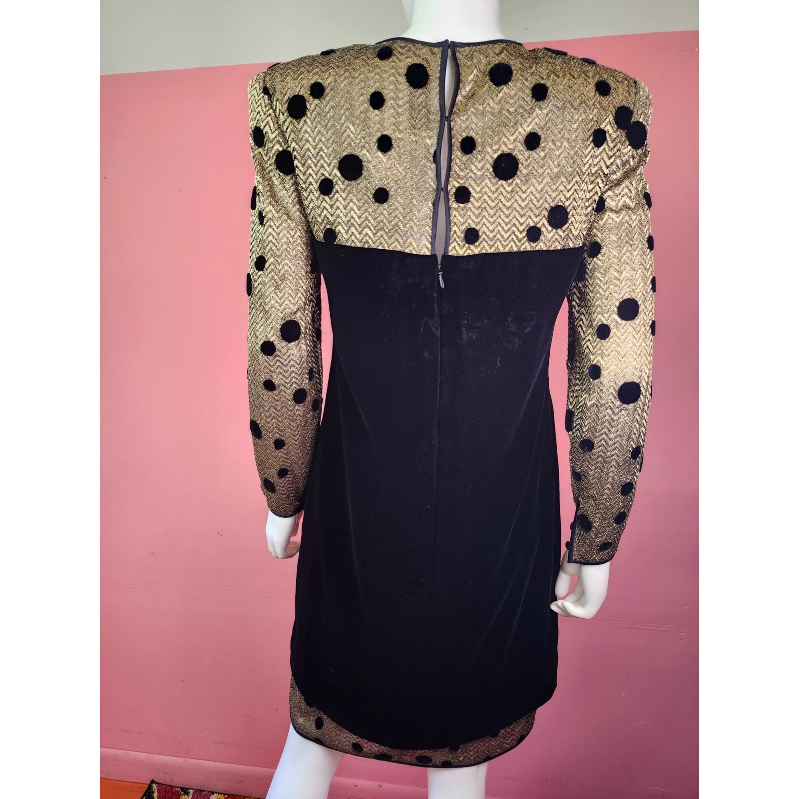 Vintage 1980’s Black Velvet Metallic Gold Polka Dot Long Sleeve Cocktail Dress