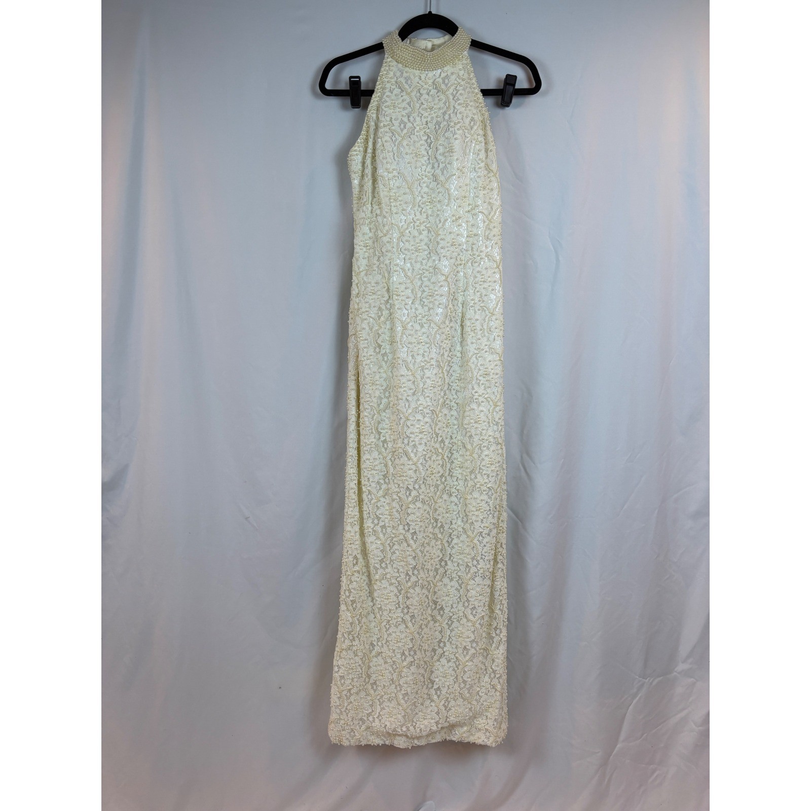 Ivory Lace Pearl Halter Maxi Dress Sequin Beaded Formal Gown Cream