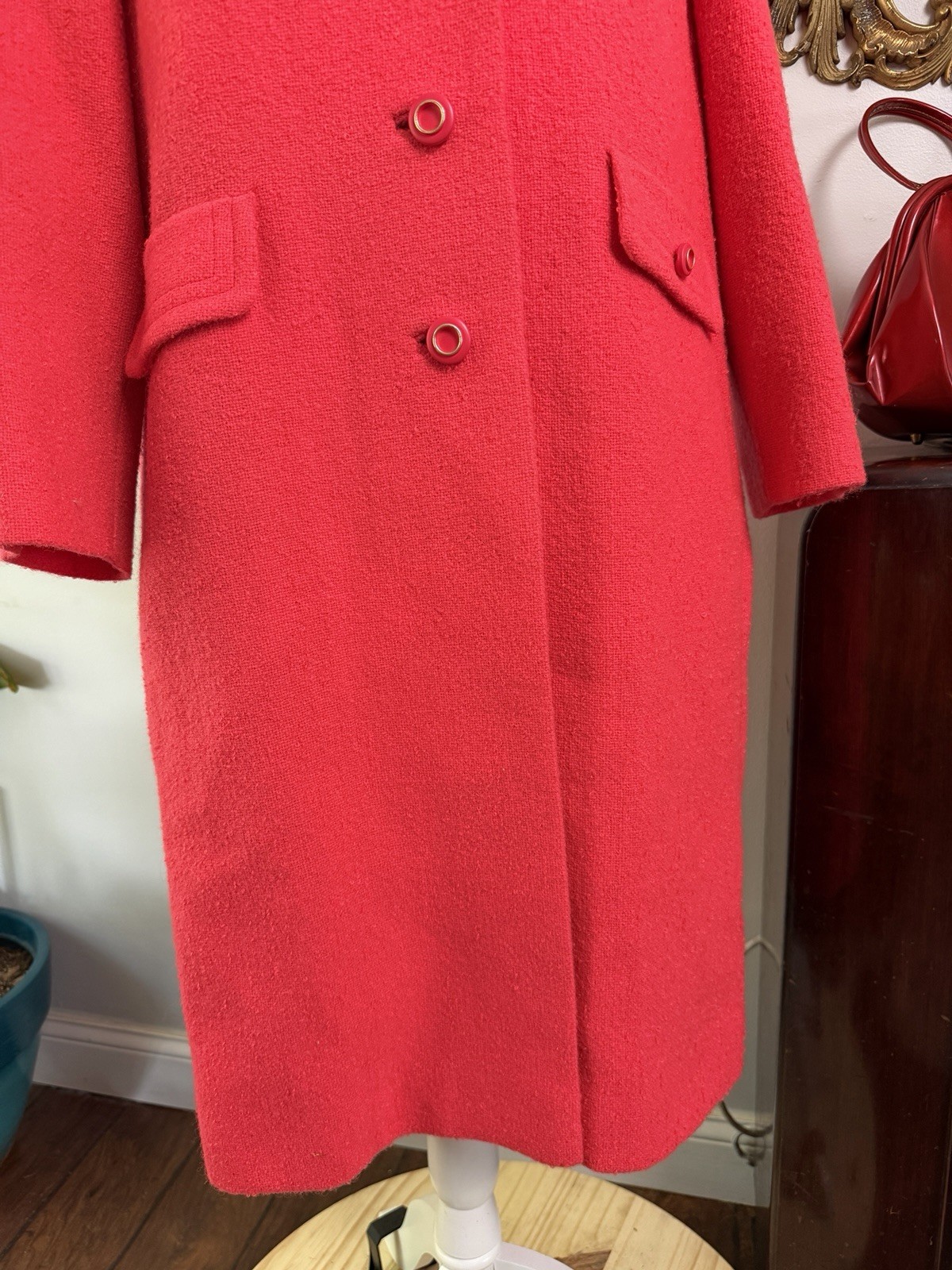 Vtg 1960s Bromleigh New York Wool Red Trench Coat Mod Mid Century Overcoat Flap