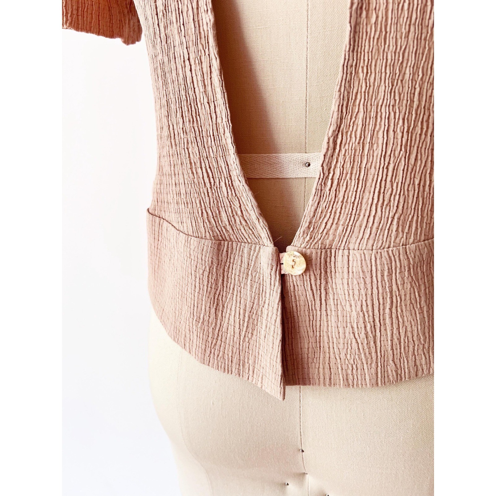 Short Sleeve Blouse Taupe Putty Open Back Vintage Crinkle Top