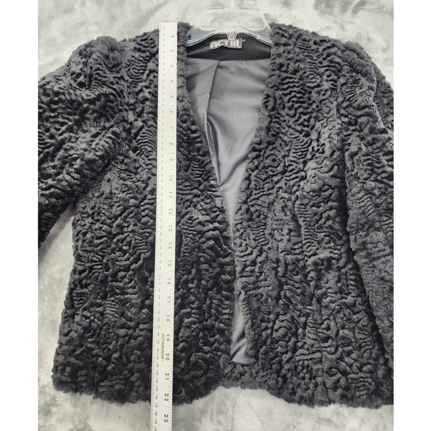 Vintage Act III Faux Fur Jacket Womens 10 Black Curly Parsian Lamb Open Front