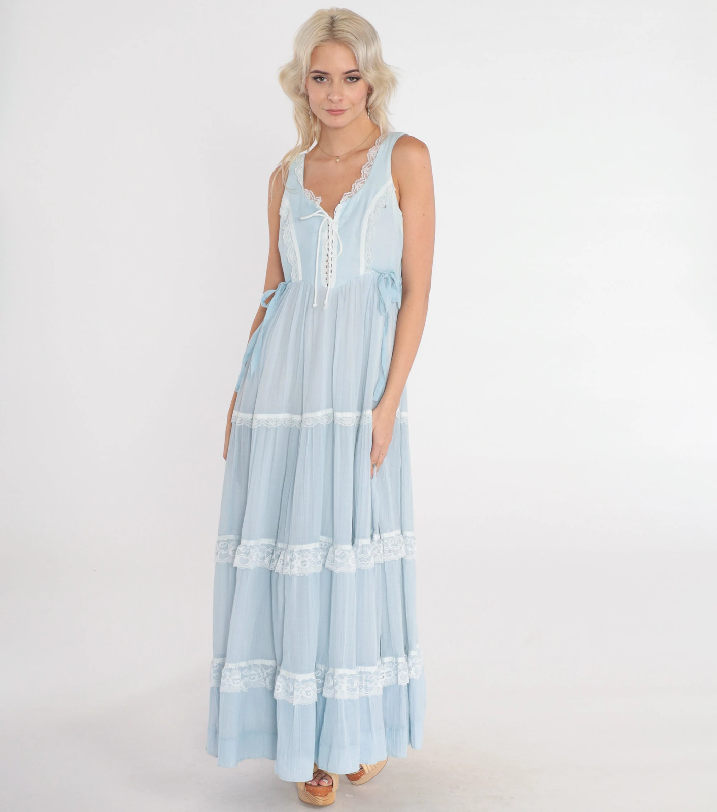 70s Gunne Sax Dress S Baby Blue Sundress Vintage Prairie Maxi Bohemian Lace Up S