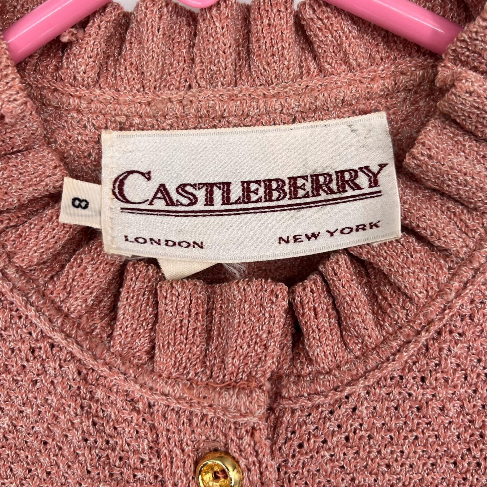Vintage 70s 80s Castleberry Cardigan Skirt Set Size 8 Pink Knit Ruffle Classy