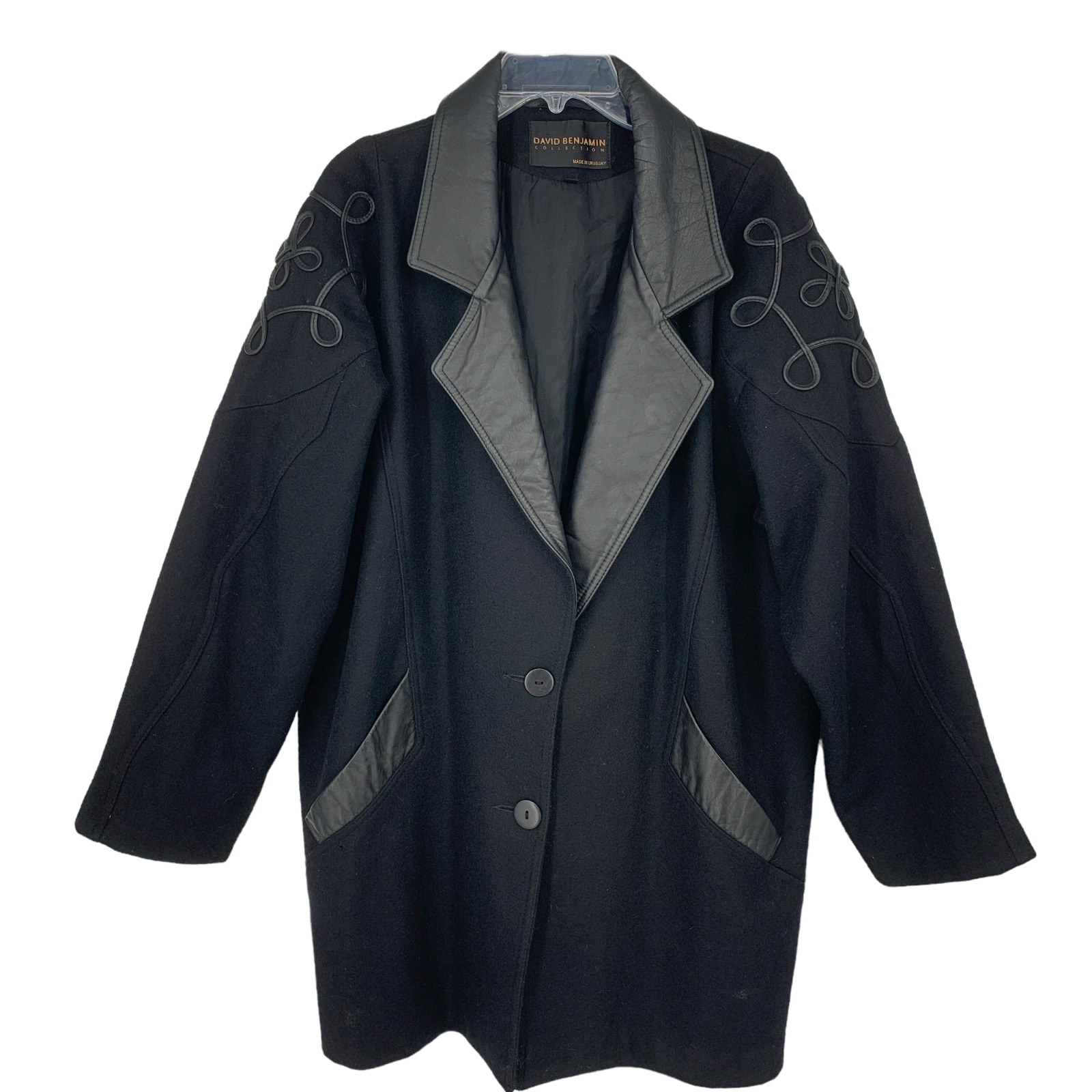 Vintage 1980s David Benjamin Collection Sz 14 Wool & Leather Jacket Coat Uruguay